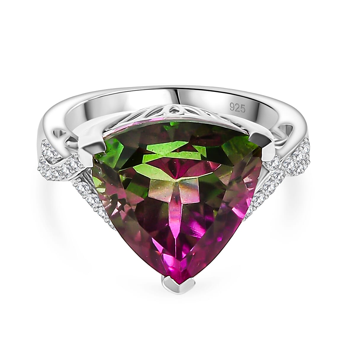 Watermelon Quartz Triplet &amp; White Zircon Ring in Rhodium Overlay Sterling Silver 8.53 Ct. 8129046 0