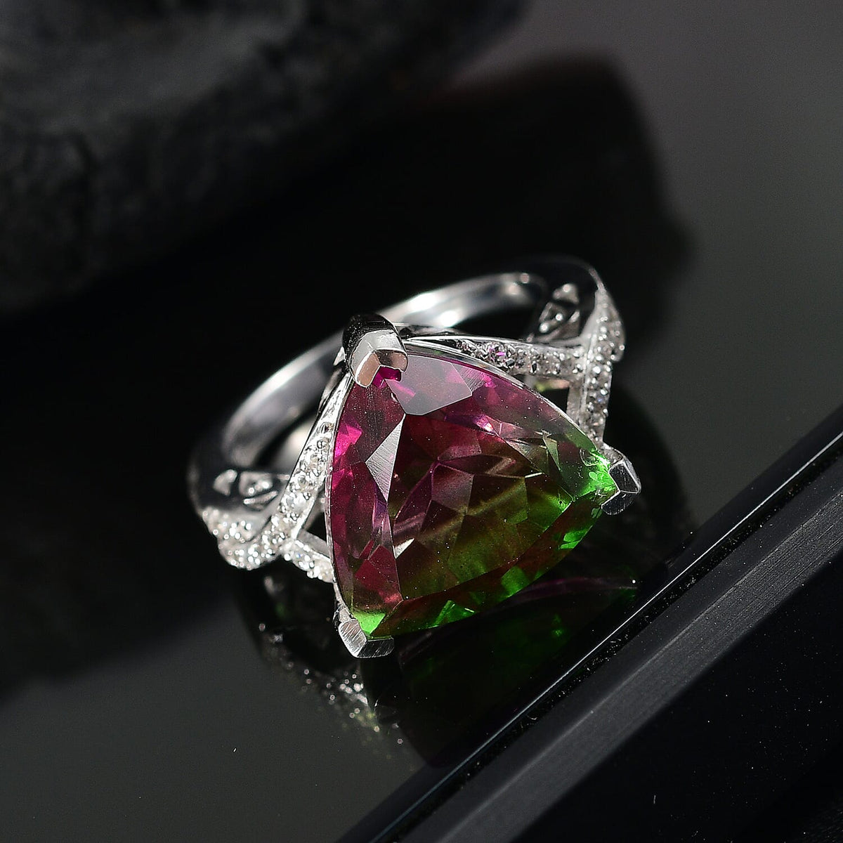 Watermelon Quartz Triplet &amp; White Zircon Ring in Rhodium Overlay Sterling Silver 8.53 Ct. 8129046 2