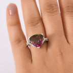 Watermelon Quartz Triplet & White Zircon Ring in Rhodium Overlay Sterling Silver 8.53 Ct.