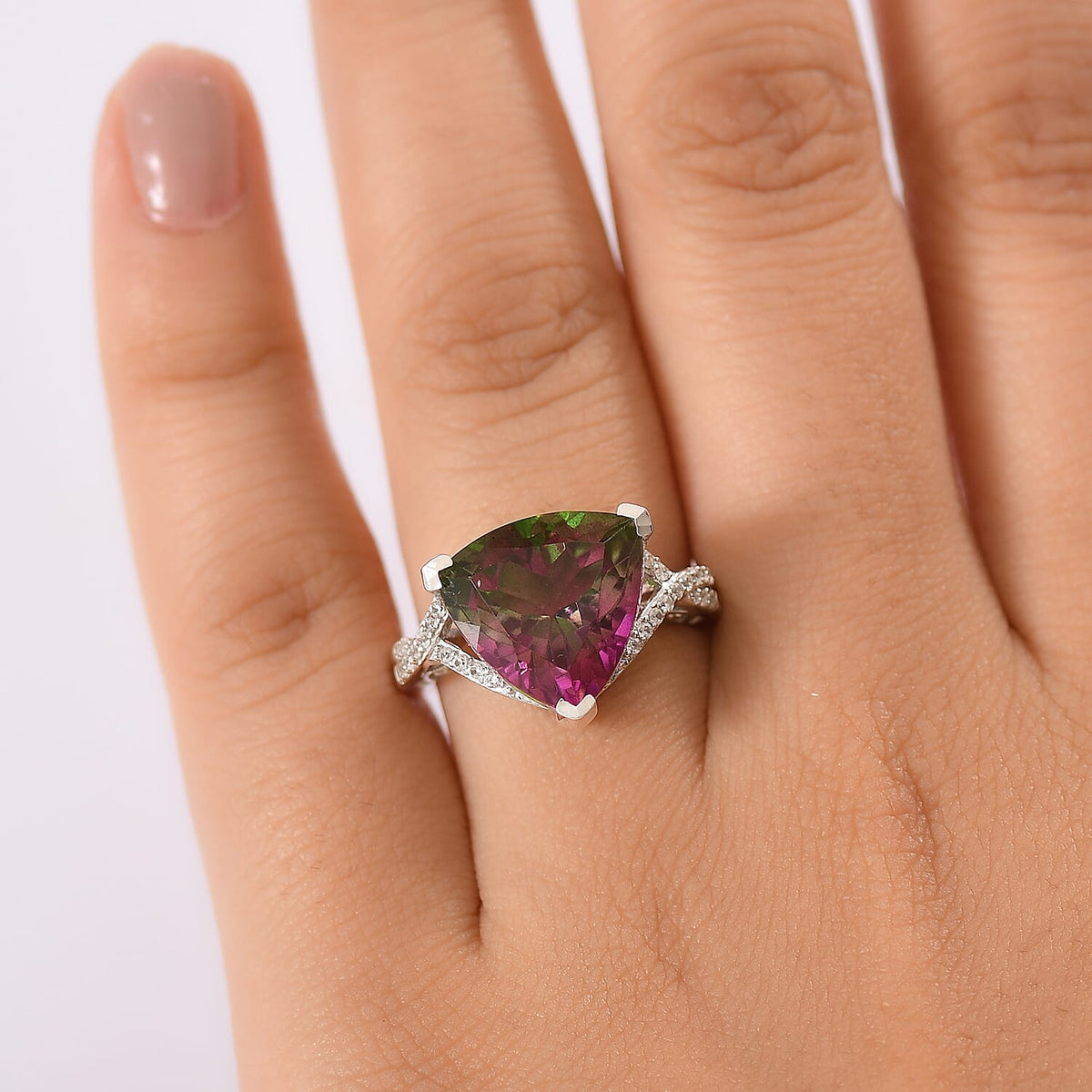Watermelon Quartz Triplet &amp; White Zircon Ring in Rhodium Overlay Sterling Silver 8.53 Ct. 8129046 3