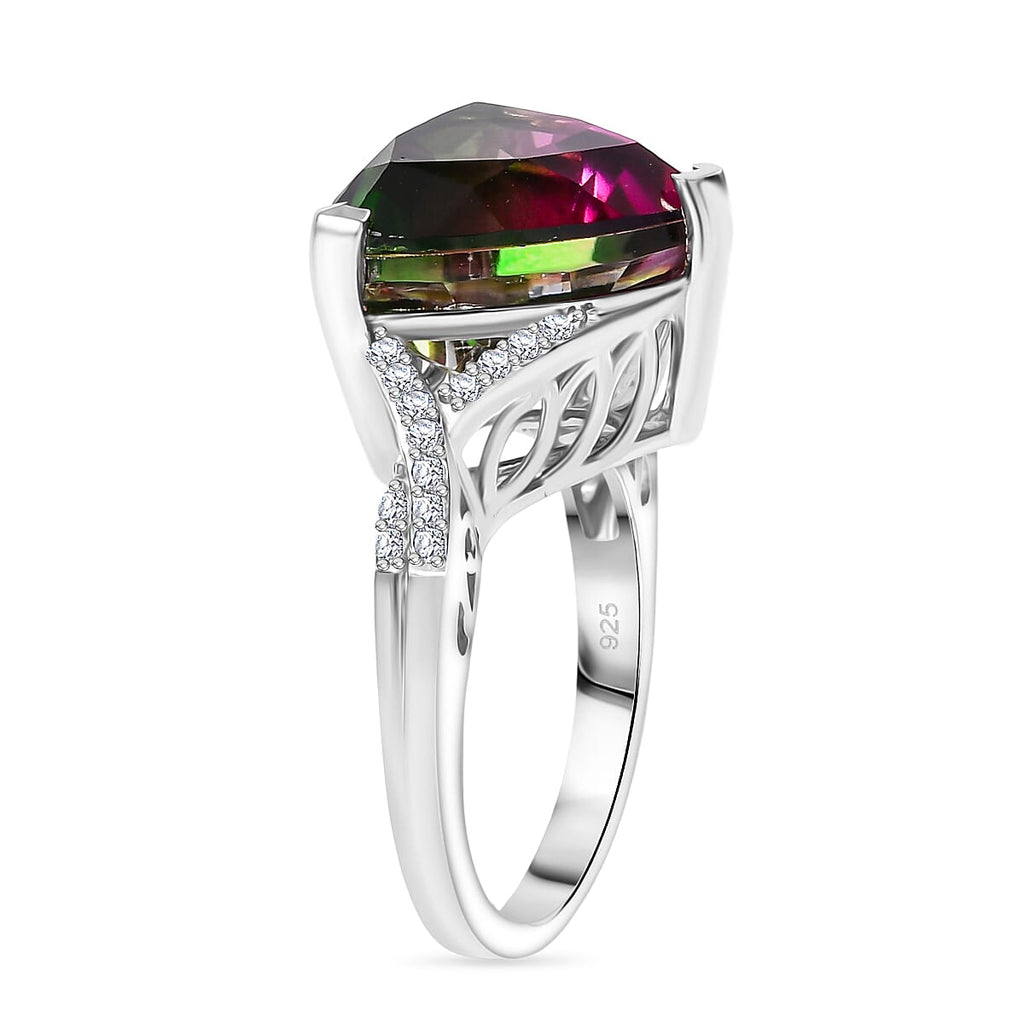 Watermelon Quartz Triplet & White Zircon Ring in Rhodium Overlay Sterling Silver 8.53 Ct.