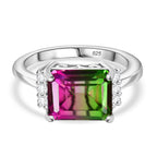 Watermelon Quartz Triplet & White Zircon Solitaire Ring in Rhodium Overlay Sterling Silver 3.83 Ct.