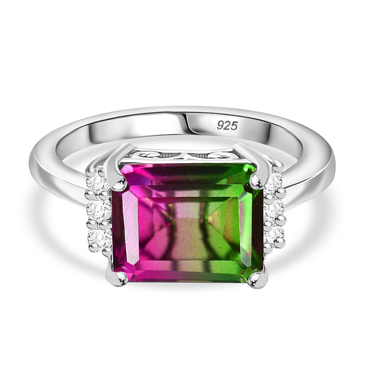Watermelon Quartz Triplet &amp; White Zircon Solitaire Ring in Rhodium Overlay Sterling Silver 3.83 Ct. 8116089 0