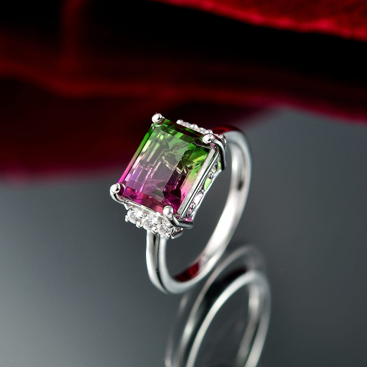 Watermelon Quartz Triplet &amp; White Zircon Solitaire Ring in Rhodium Overlay Sterling Silver 3.83 Ct. 8116089 2