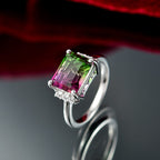 Watermelon Quartz Triplet & White Zircon Solitaire Ring in Rhodium Overlay Sterling Silver 3.83 Ct.