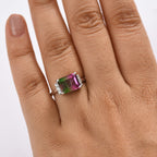 Watermelon Quartz Triplet & White Zircon Solitaire Ring in Rhodium Overlay Sterling Silver 3.83 Ct.