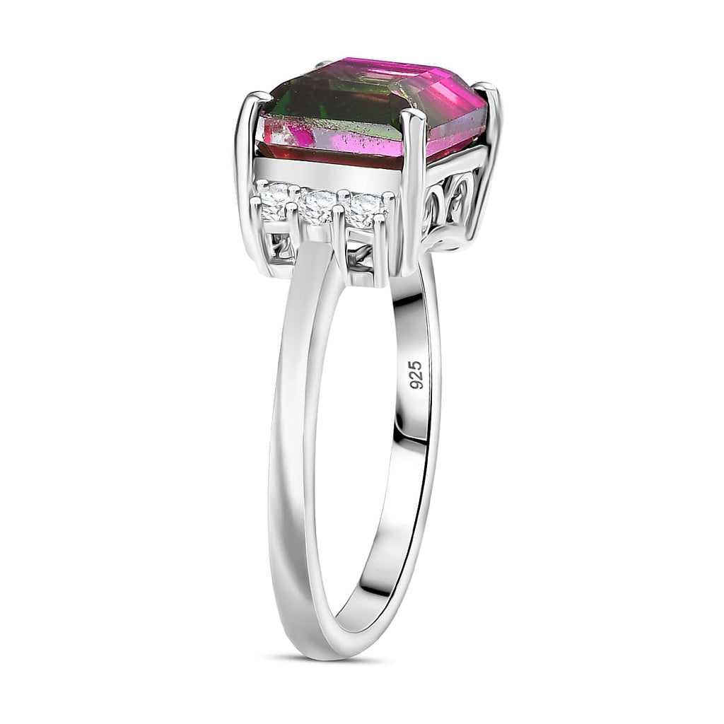 Watermelon Quartz Triplet & White Zircon Solitaire Ring in Rhodium Overlay Sterling Silver 3.83 Ct.