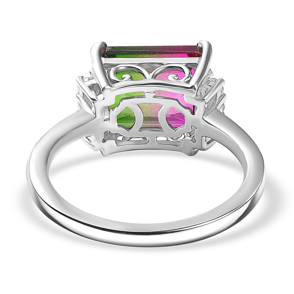 Watermelon Quartz Triplet & White Zircon Solitaire Ring in Rhodium Overlay Sterling Silver 3.83 Ct.