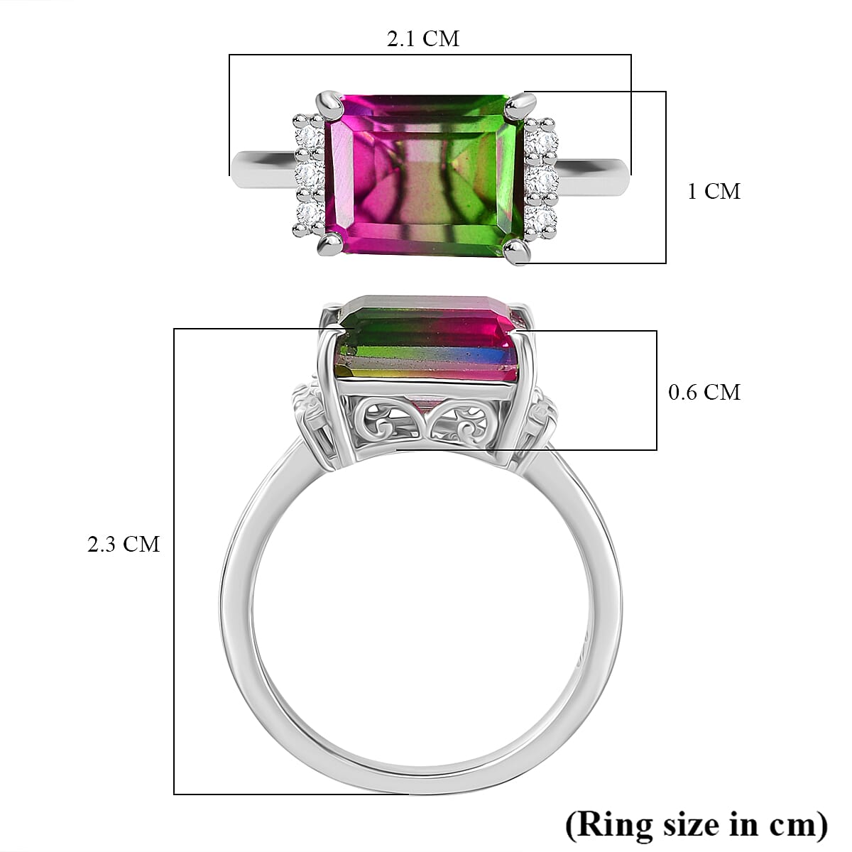 Watermelon Quartz Triplet &amp; White Zircon Solitaire Ring in Rhodium Overlay Sterling Silver 3.83 Ct. 8116089 6