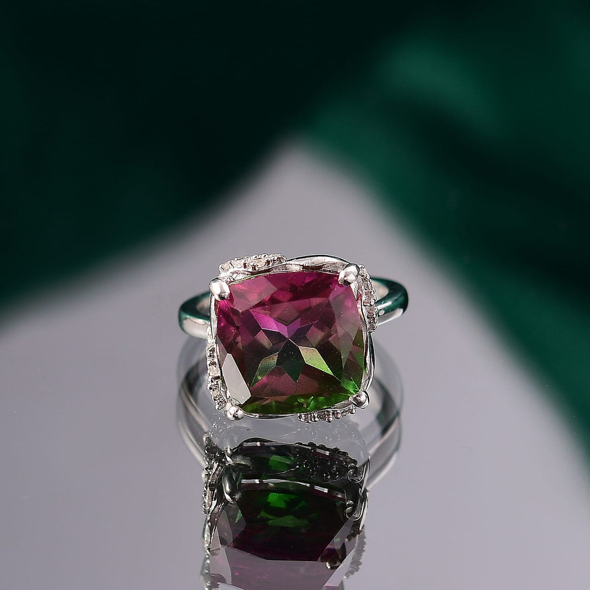 Watermelon Quartz Triplet &amp; White Zircon Solitaire Ring in Rhodium Overlay Sterling Silver 8.97 Ct. 8132175 2