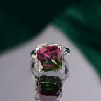 Watermelon Quartz Triplet & White Zircon Solitaire Ring in Rhodium Overlay Sterling Silver 8.97 Ct.