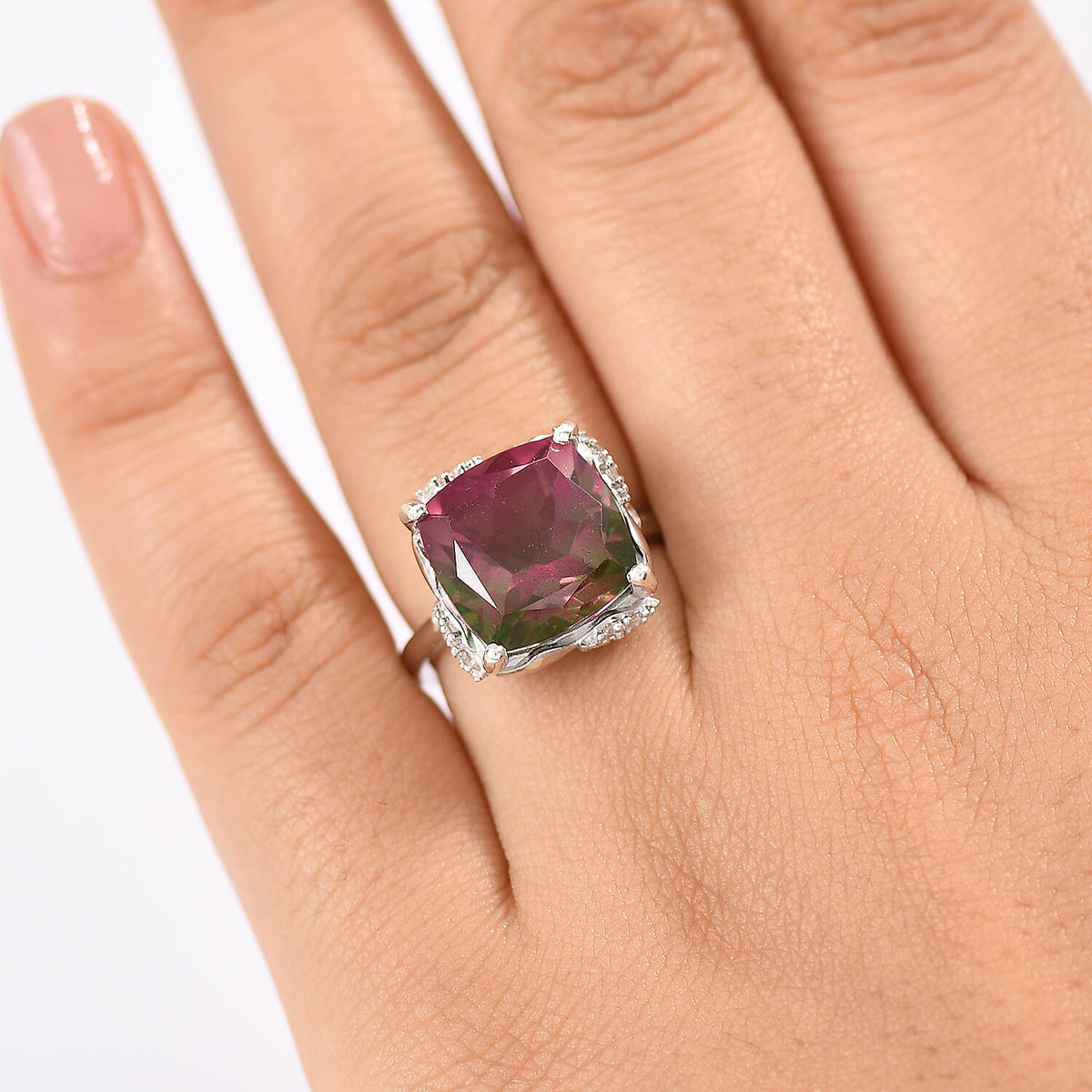 Watermelon Quartz Triplet &amp; White Zircon Solitaire Ring in Rhodium Overlay Sterling Silver 8.97 Ct. 8132175 3