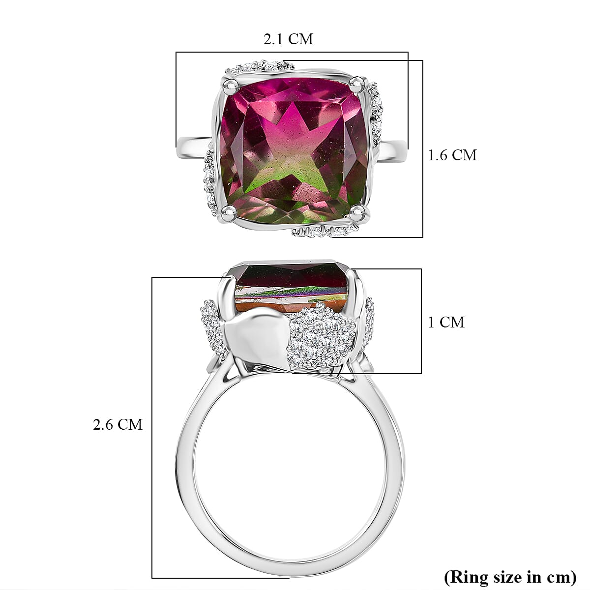Watermelon Quartz Triplet &amp; White Zircon Solitaire Ring in Rhodium Overlay Sterling Silver 8.97 Ct. 8132175 6
