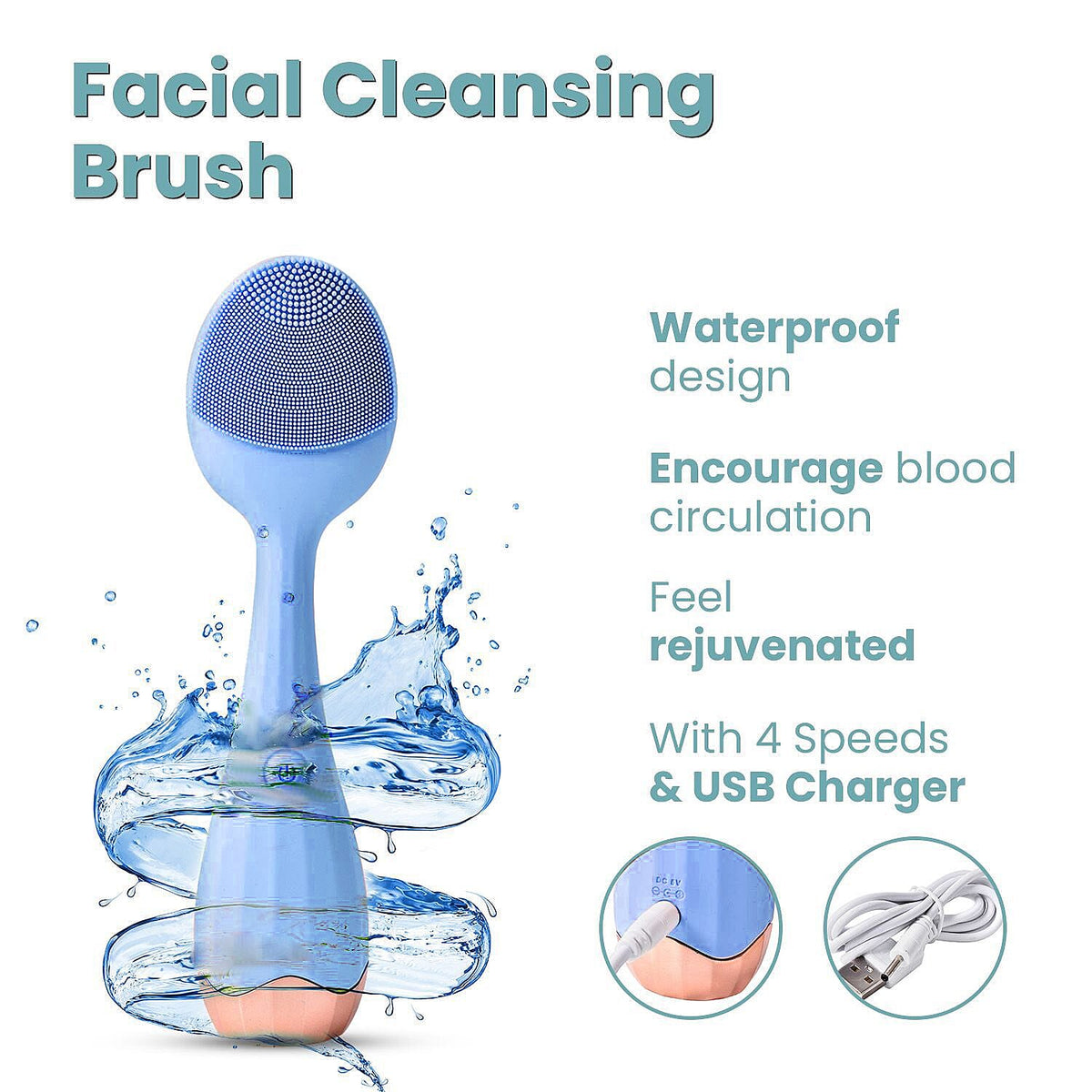 Waterproof Silicone Facial Cleansing Brush - Light Blue (With 4 Speeds - USB Charger) 7073836 4