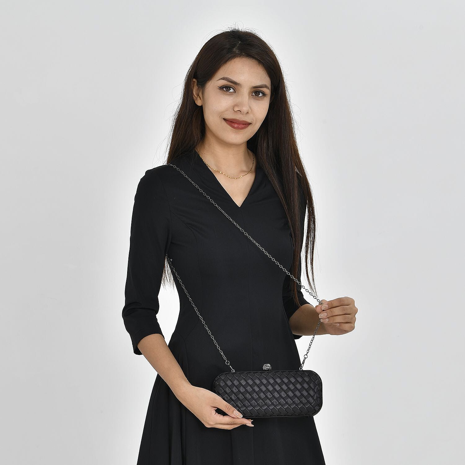 Weave Pattern Clutch Bag with Shoulder Metal Chain - Black 7163915 2