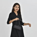 Weave Pattern Clutch Bag with Shoulder Metal Chain - Black