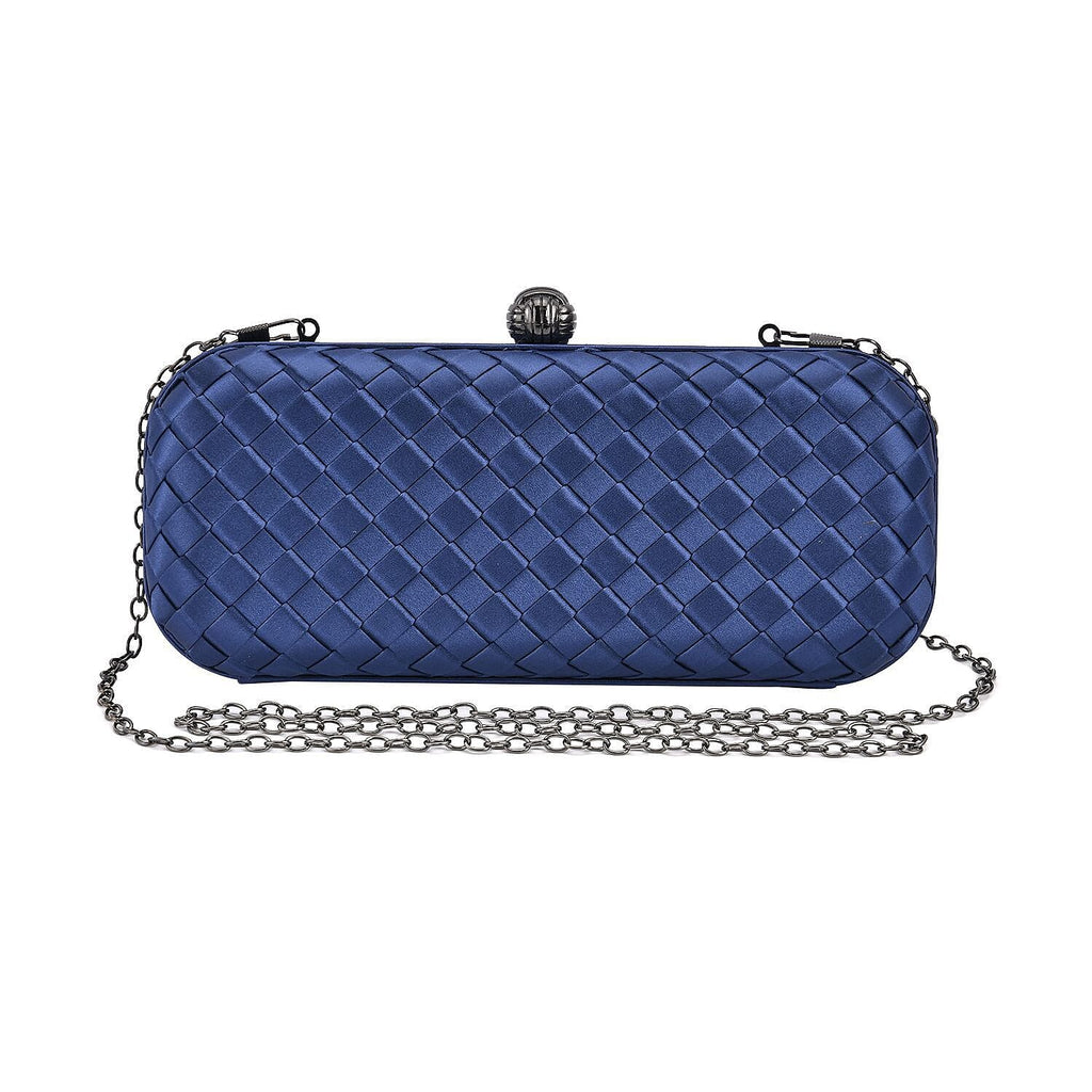 Weave Pattern Clutch Bag with Shoulder Metal Chain - Navy