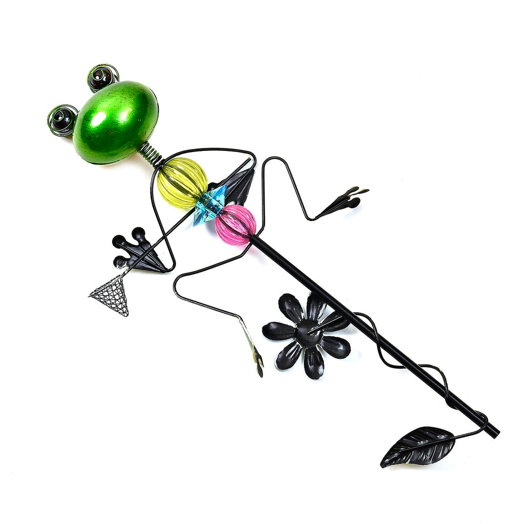 Whimsical Green Frog with Blue Rush-Up Garden Stake Decoration