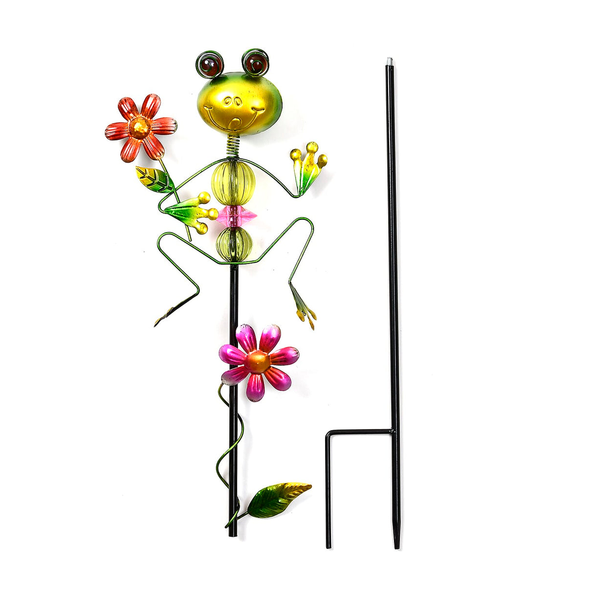 Whimsical Green Frog with Red Flowers Garden Stake Decoration 8038570 1