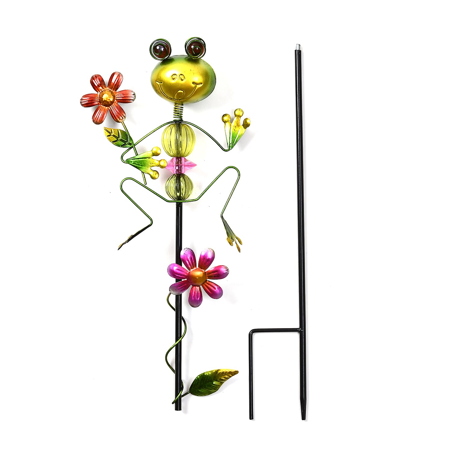 Whimsical Green Frog with Red Flowers Garden Stake Decoration 8038570 1