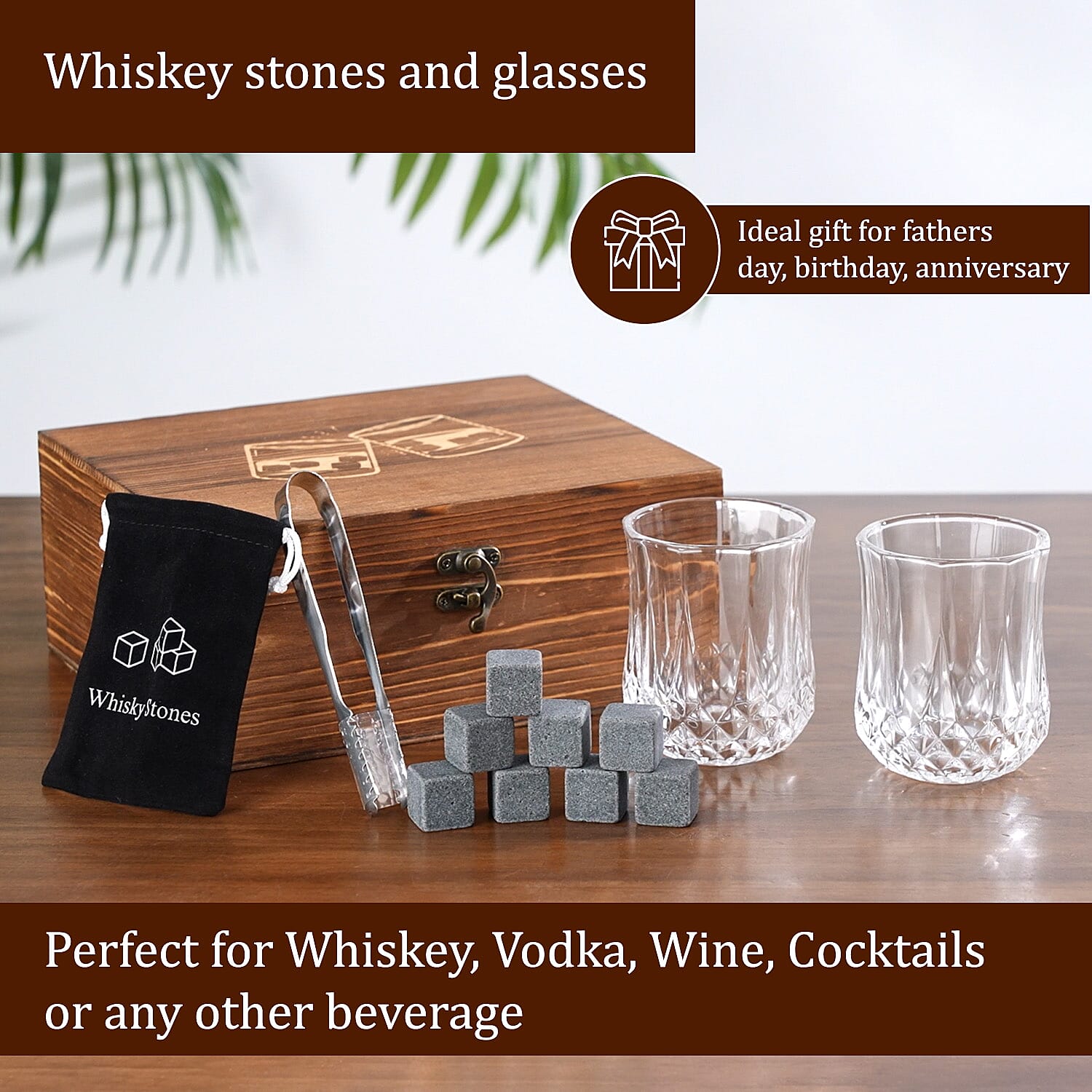 Whiskey Granite Stones and 2 Glasses Gift Set - Brown 8927949 2
