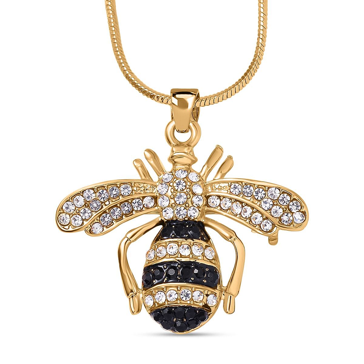 White Austrian Crystal With Black Enamelled Bee Brooch Come Pendant (Size - 24-2 Ext) in Yellow Gold Tone 7658750 0
