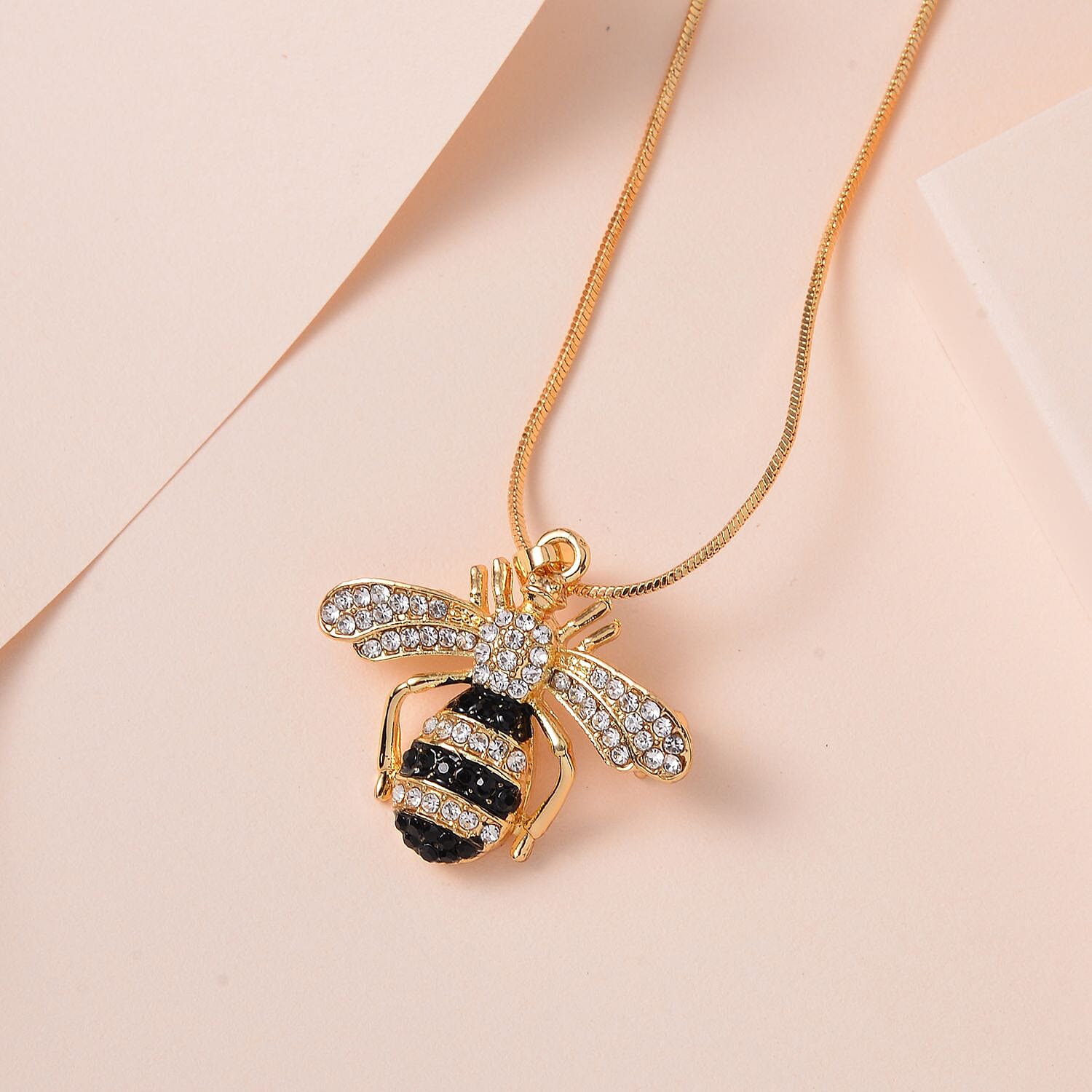 White Austrian Crystal With Black Enamelled Bee Brooch Come Pendant (Size - 24-2 Ext) in Yellow Gold Tone 7658750 2