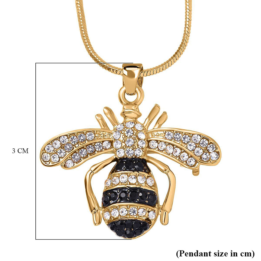White Austrian Crystal With Black Enamelled Bee Brooch Come Pendant (Size - 24-2 Ext) in Yellow Gold Tone