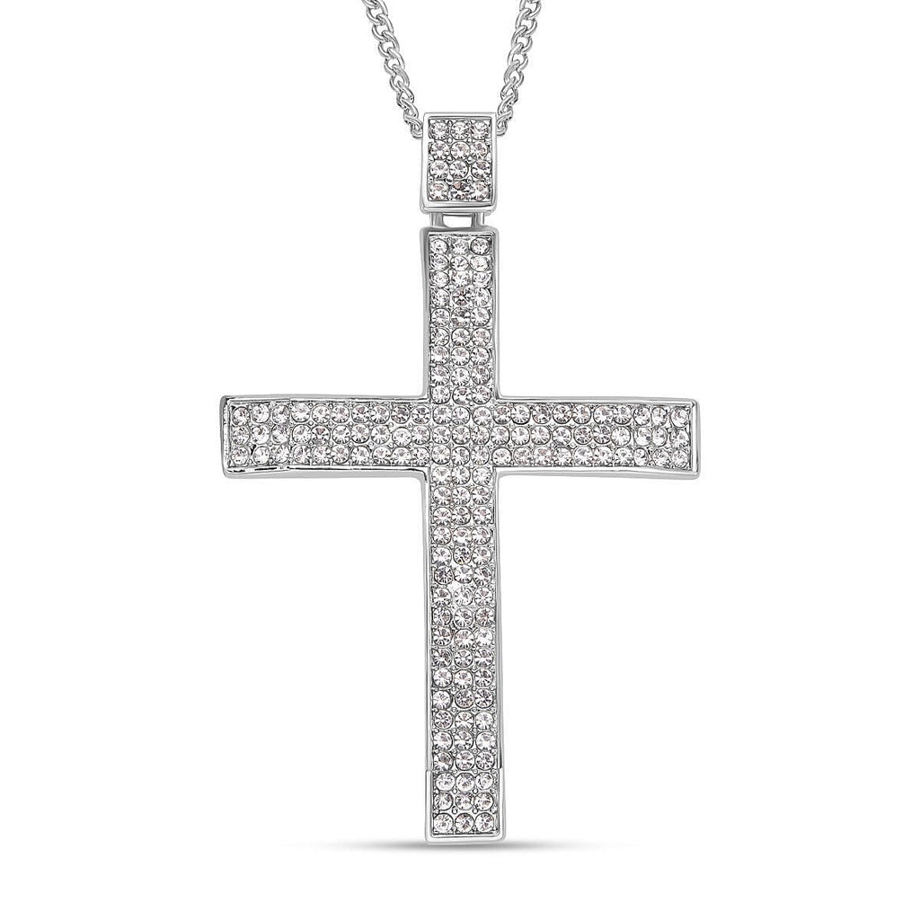 White Austrian Crystal Cross Pendant with Chain (Size 29-2 Inch Ext.) in Silver Tone