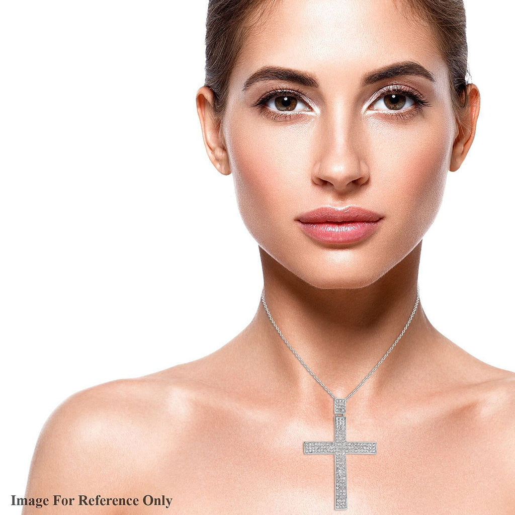 White Austrian Crystal Cross Pendant with Chain (Size 29-2 Inch Ext.) in Silver Tone
