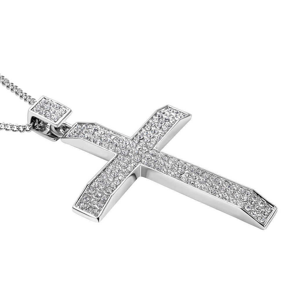 White Austrian Crystal Cross Pendant with Chain (Size 29-2 Inch Ext.) in Silver Tone