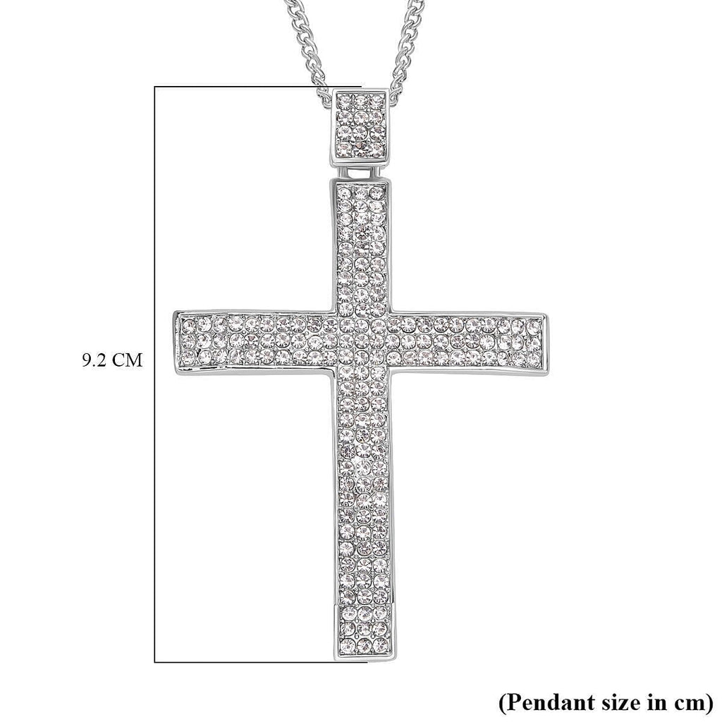 White Austrian Crystal Cross Pendant with Chain (Size 29-2 Inch Ext.) in Silver Tone