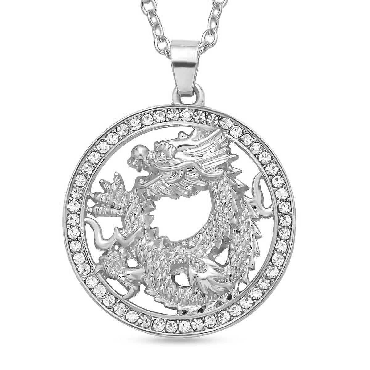 White Austrian Crystal Dragon Pendant with Chain (Size 26-2 Inch Ext.) in Silver Tone 4123407 0