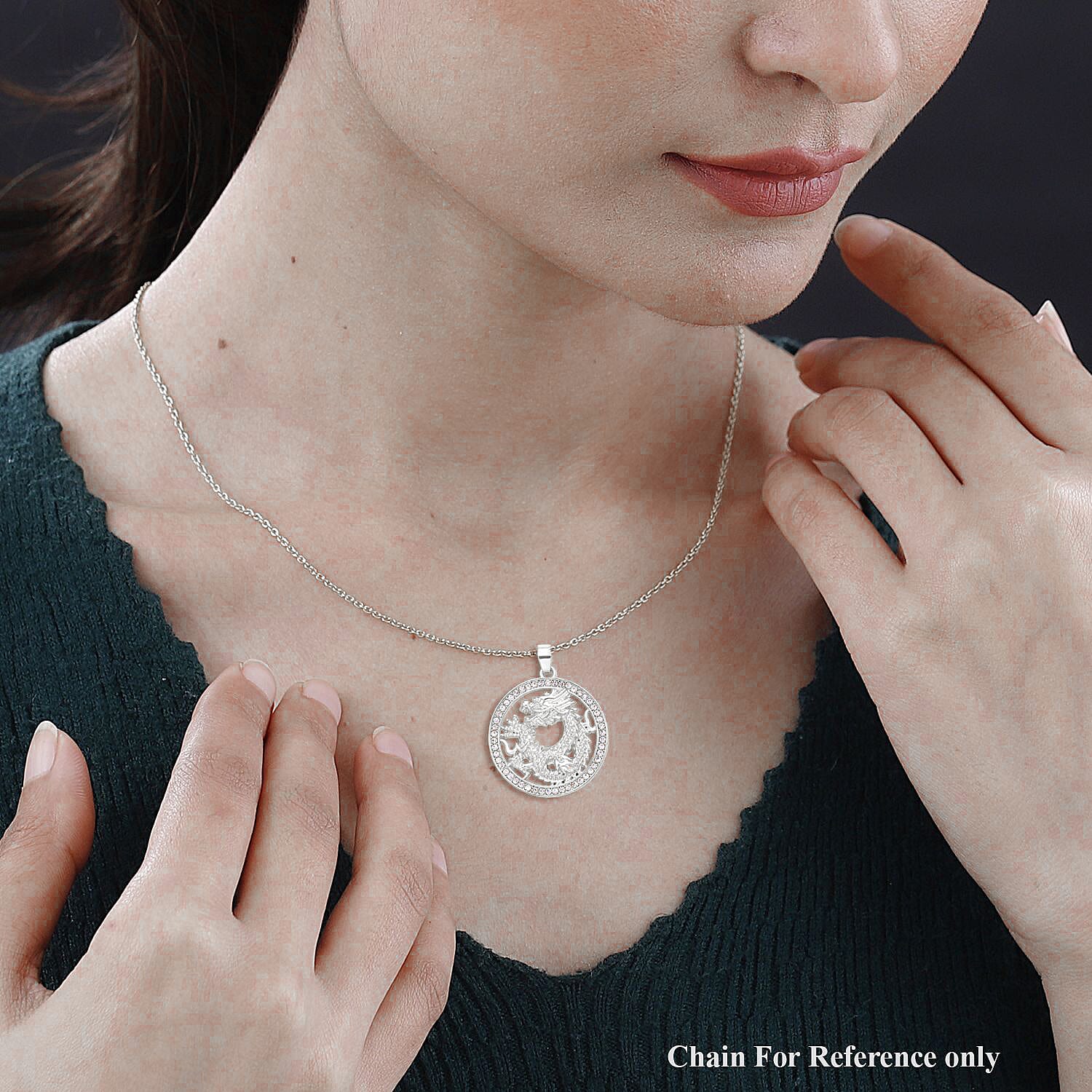 White Austrian Crystal Dragon Pendant with Chain (Size 26-2 Inch Ext.) in Silver Tone 4123407 2
