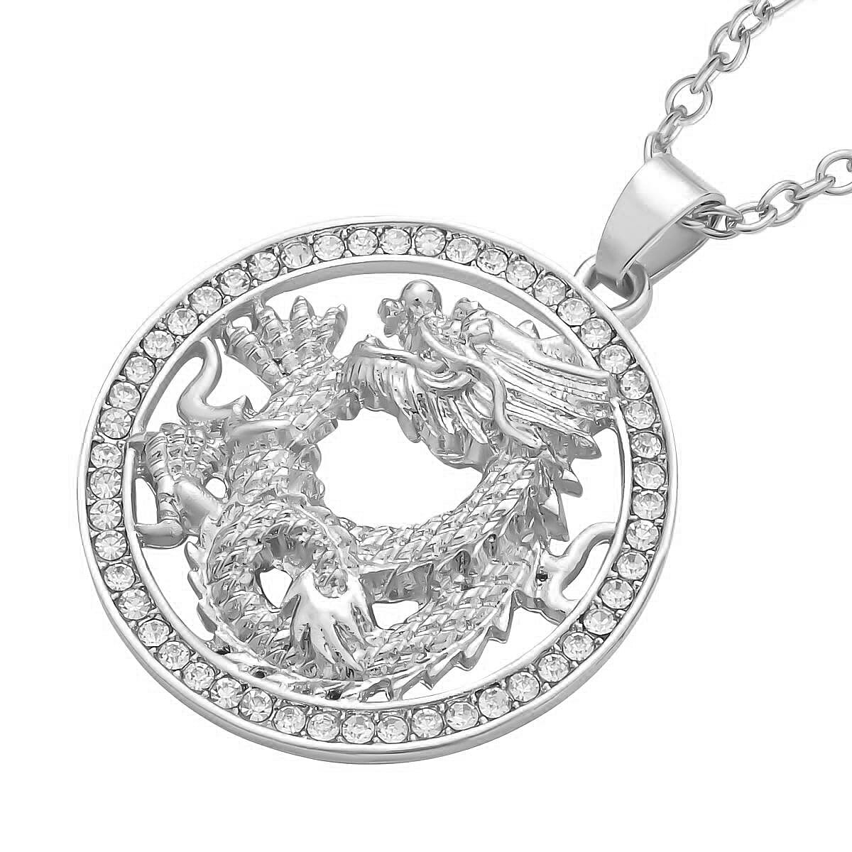 White Austrian Crystal Dragon Pendant with Chain (Size 26-2 Inch Ext.) in Silver Tone 4123407 4