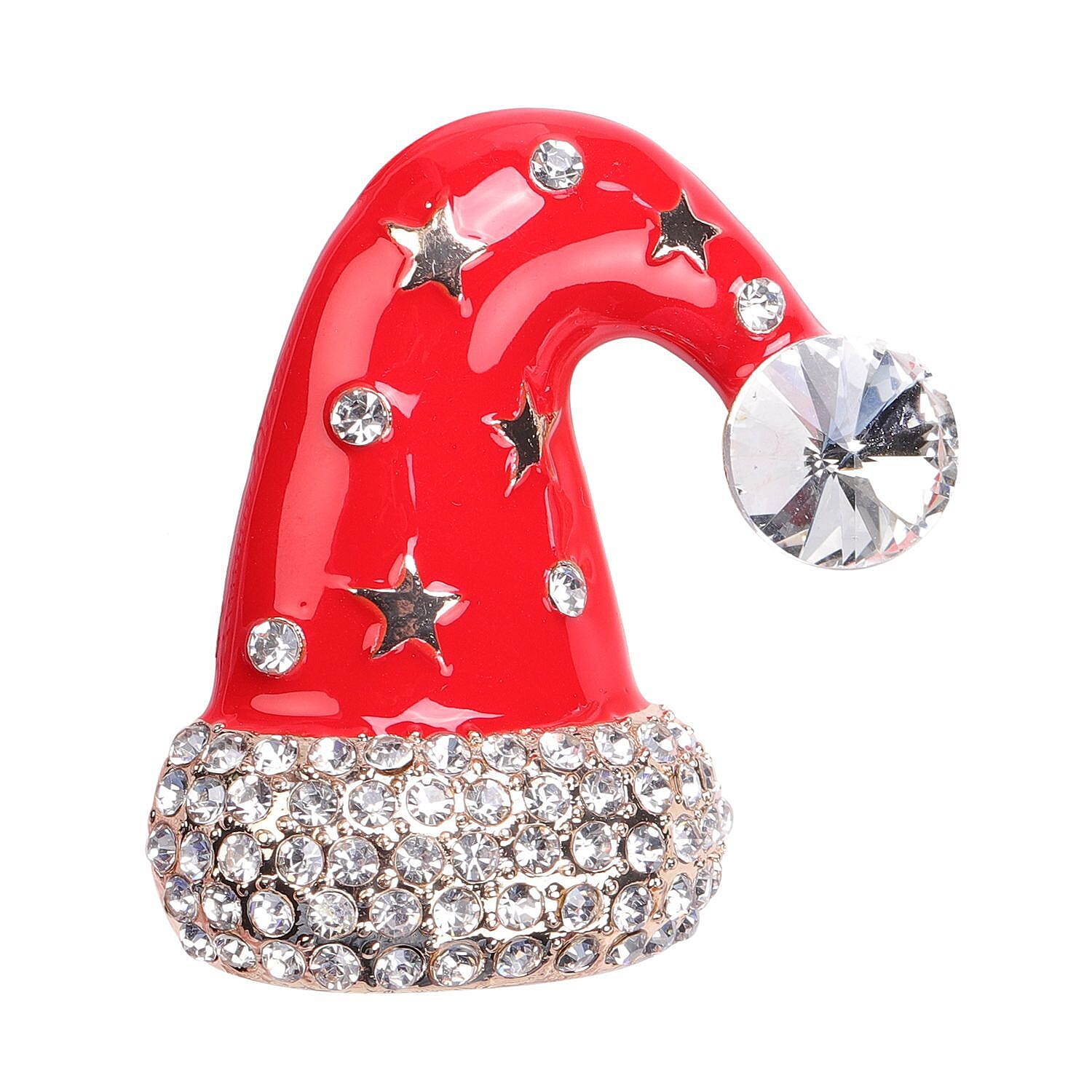White Austrian Crystal Enamelled Christmas Theme Cap Brooch in Yellow Gold Tone 3704292 0