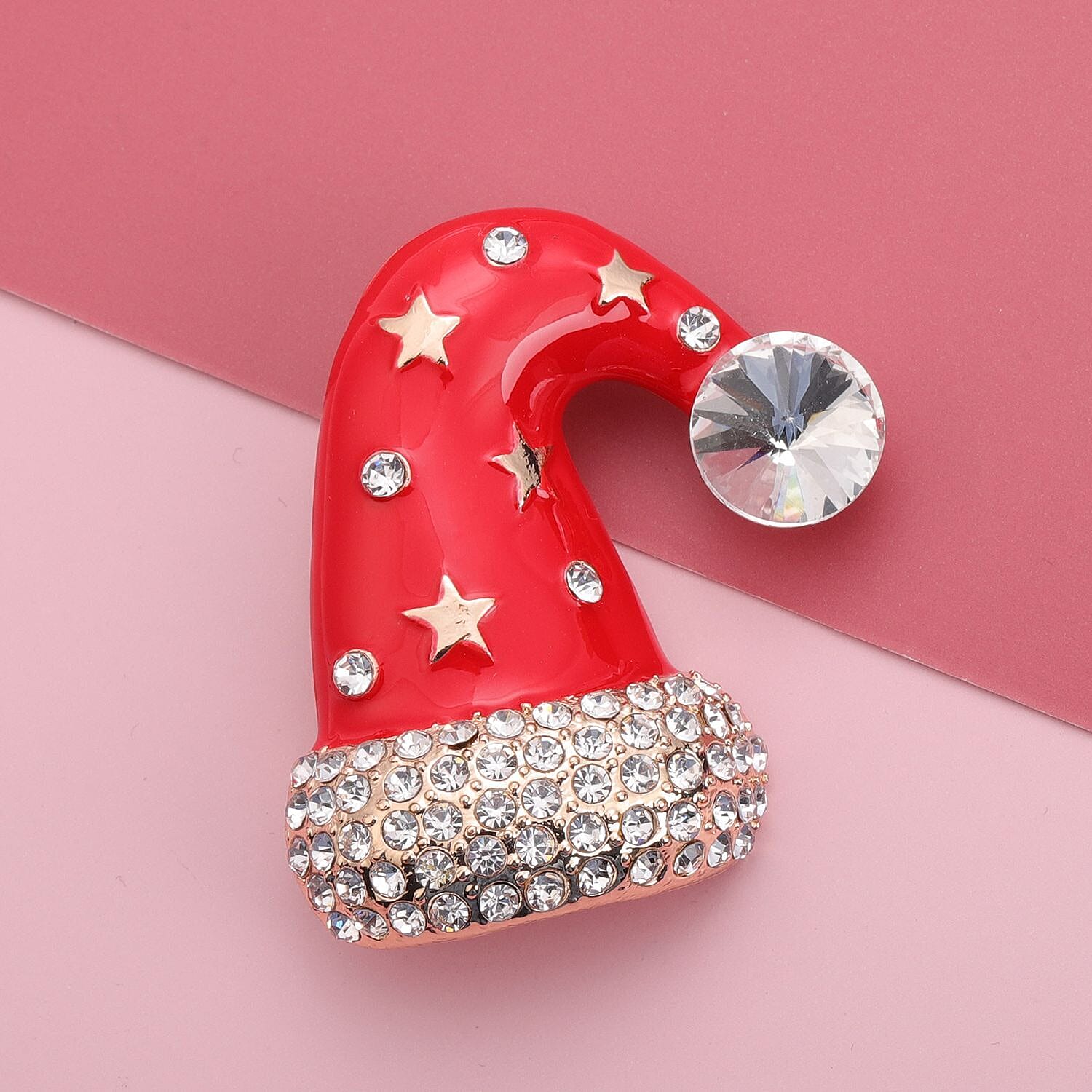 White Austrian Crystal Enamelled Christmas Theme Cap Brooch in Yellow Gold Tone 3704292 2