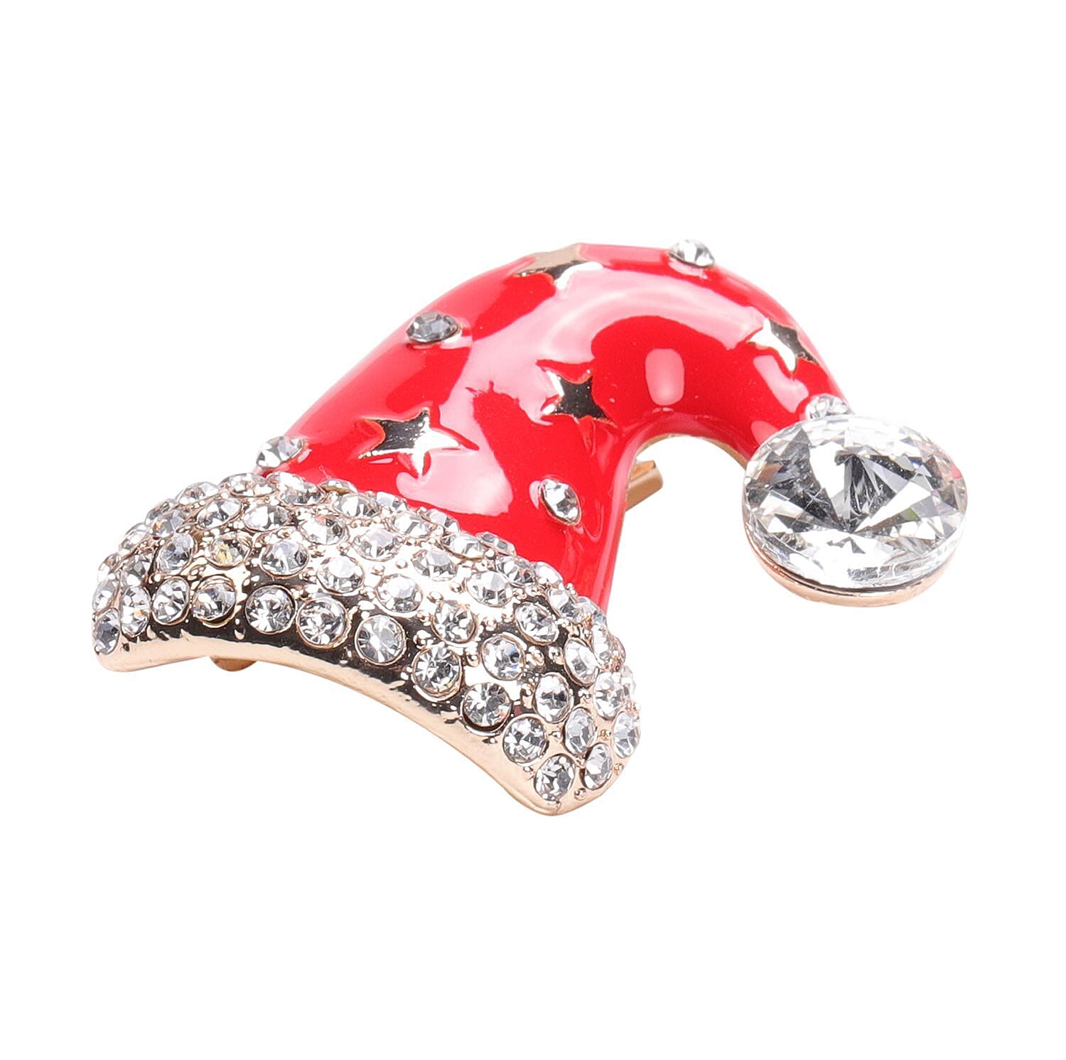 White Austrian Crystal Enamelled Christmas Theme Cap Brooch in Yellow Gold Tone 3704292 3