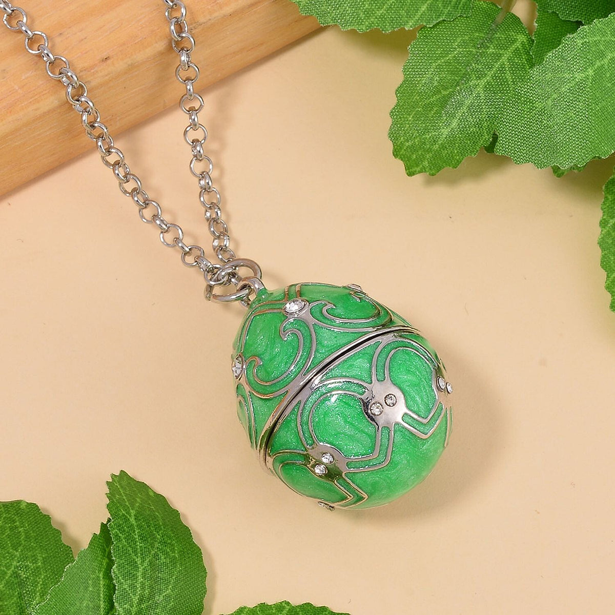 White Austrian Crystal Enamelled Easter Egg Pendant with Chain (Size 24) 4238561 1