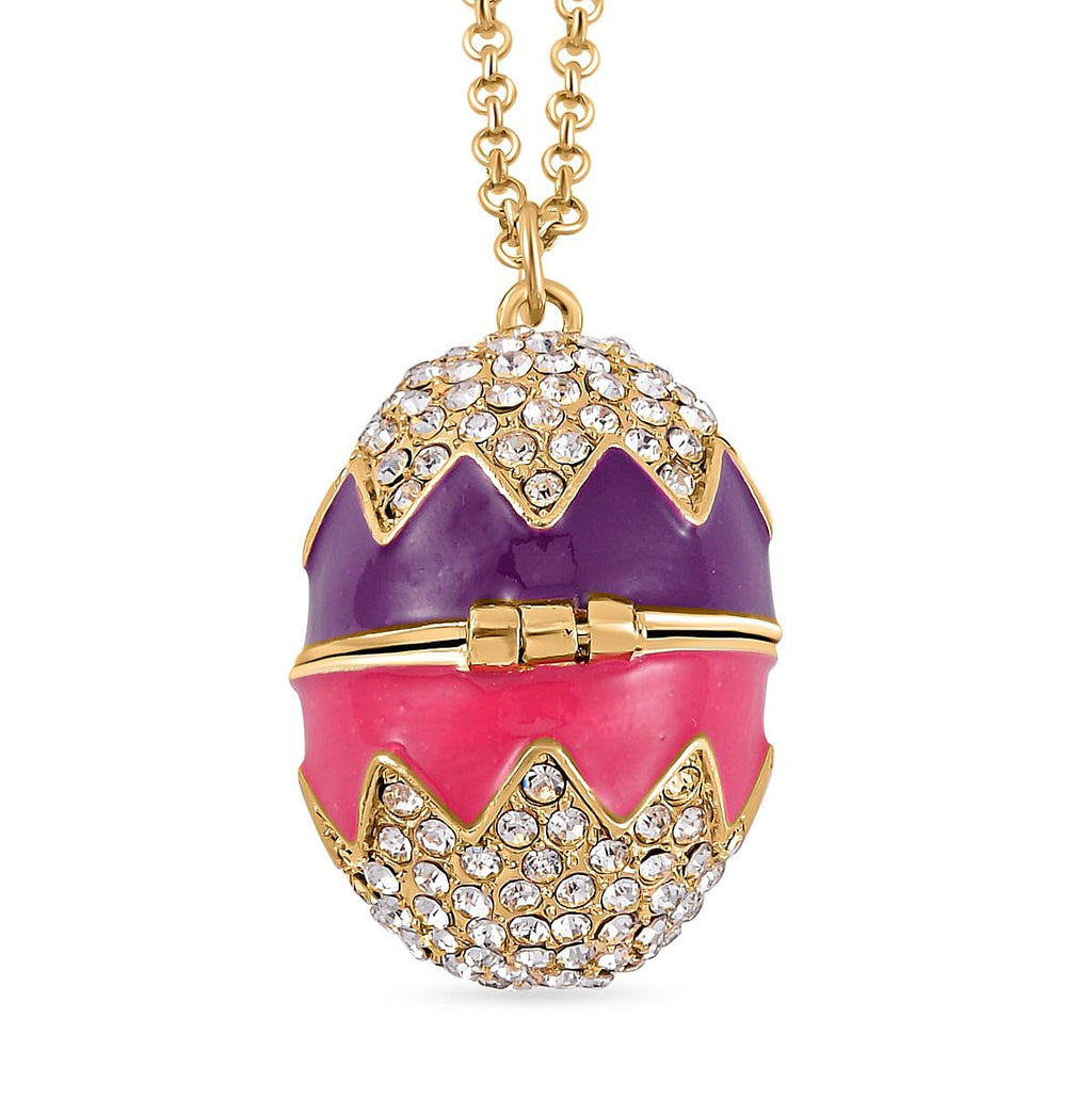 White Austrian Crystal Enamelled Easter Egg Pendant with Chain (Size 29 with 2 Ext)