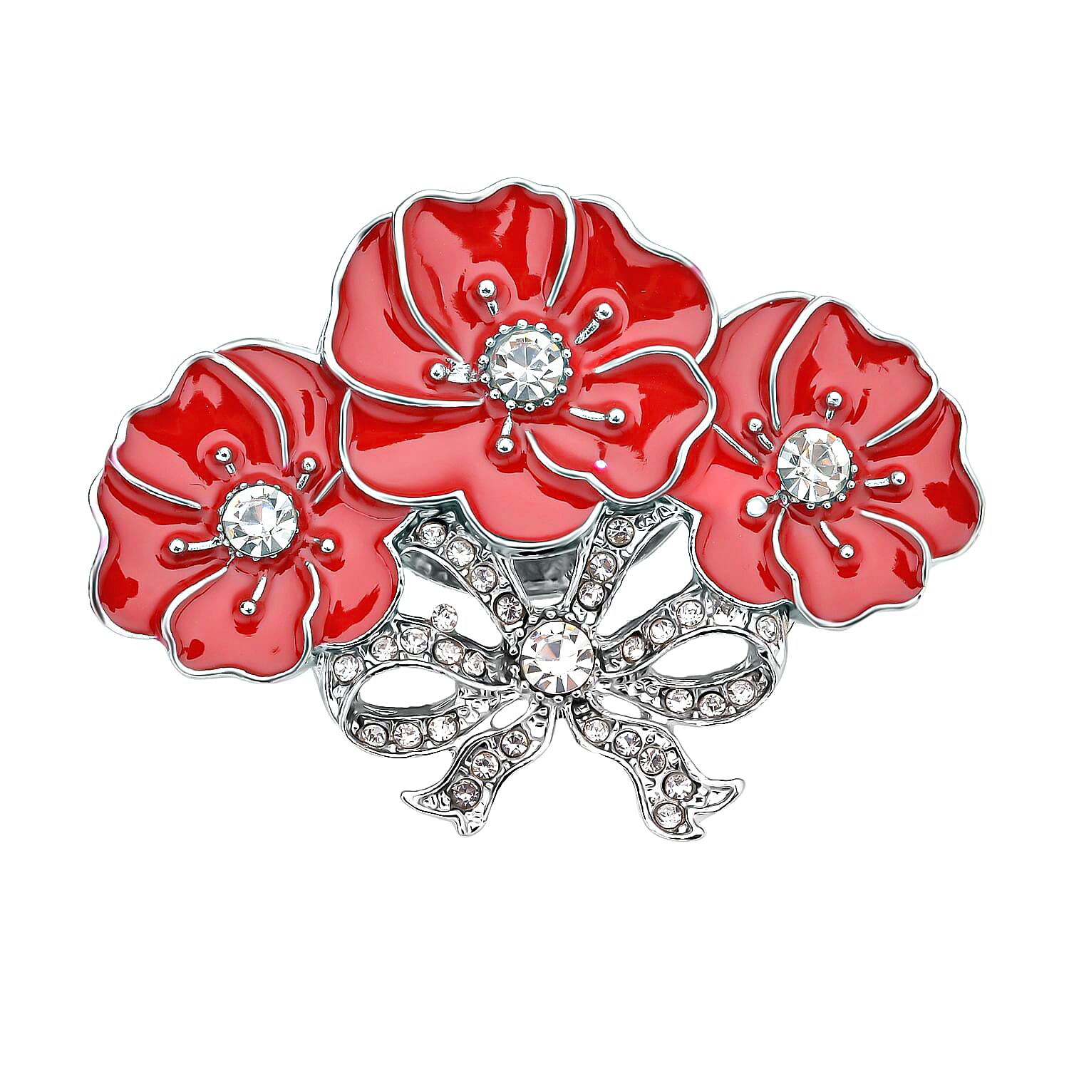 White Austrian Crystal Enamelled Poppy Design Brooch in Silver Tone 7594834 0