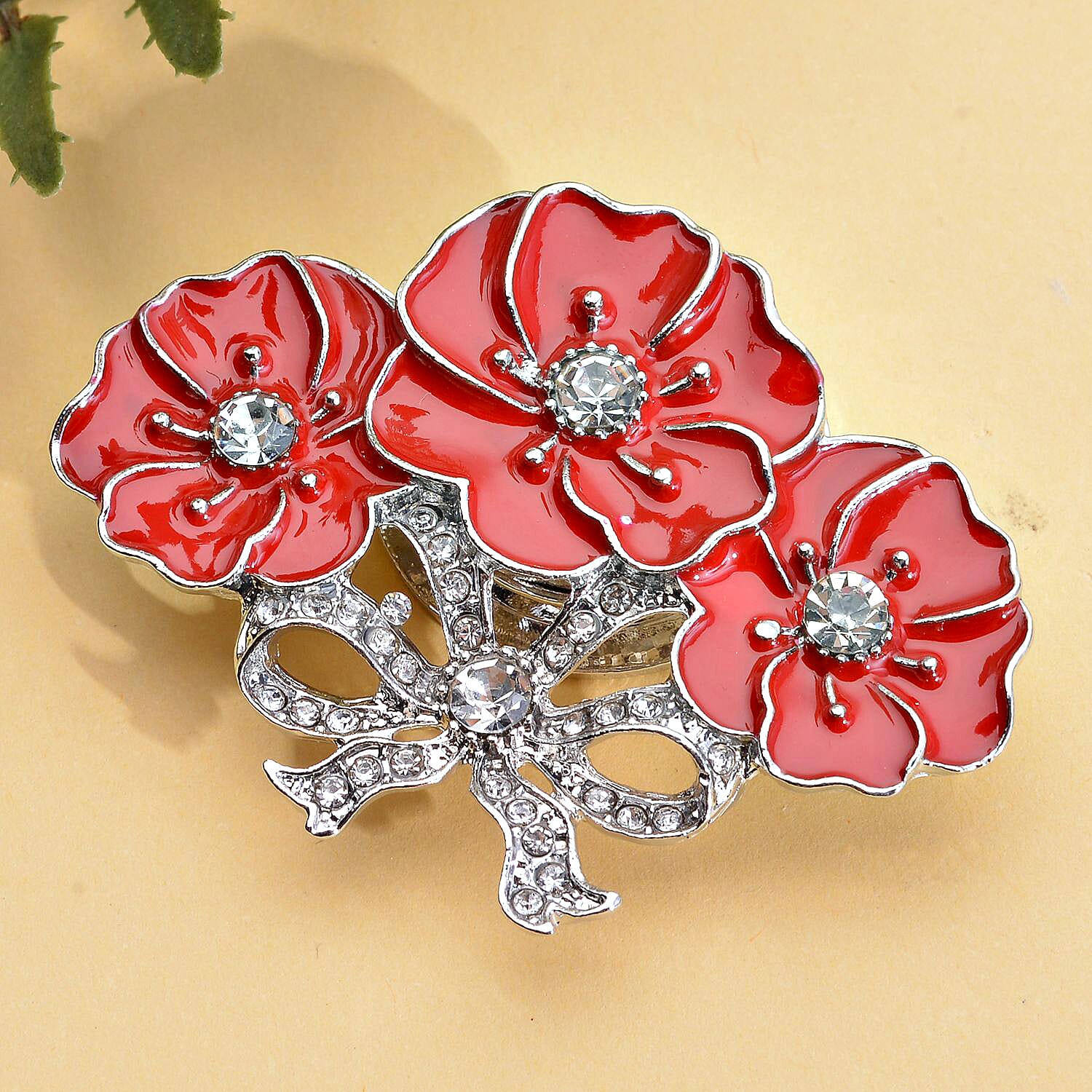 White Austrian Crystal Enamelled Poppy Design Brooch in Silver Tone 7594834 1
