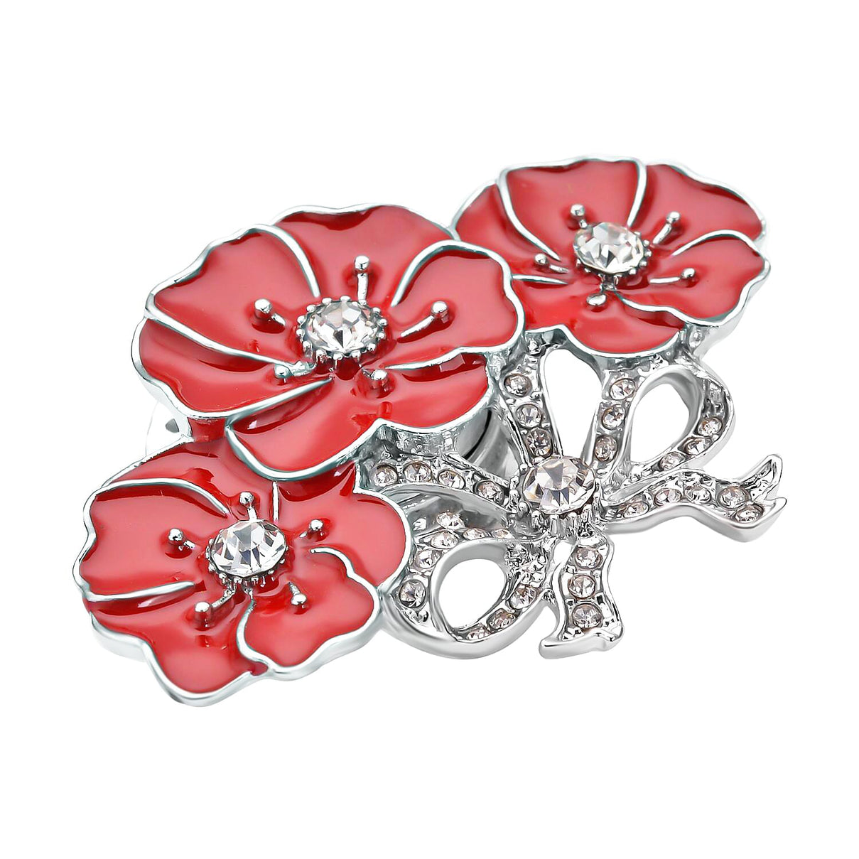 White Austrian Crystal Enamelled Poppy Design Brooch in Silver Tone 7594834 2