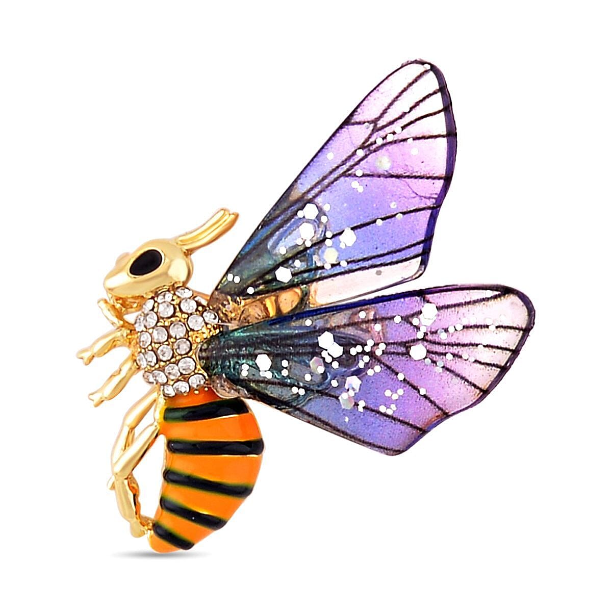 White Austrian Crystal Enamelled Honey Bee Brooch in Yellow Gold Tone 7362816 0