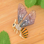 White Austrian Crystal Enamelled Honey Bee Brooch in Yellow Gold Tone