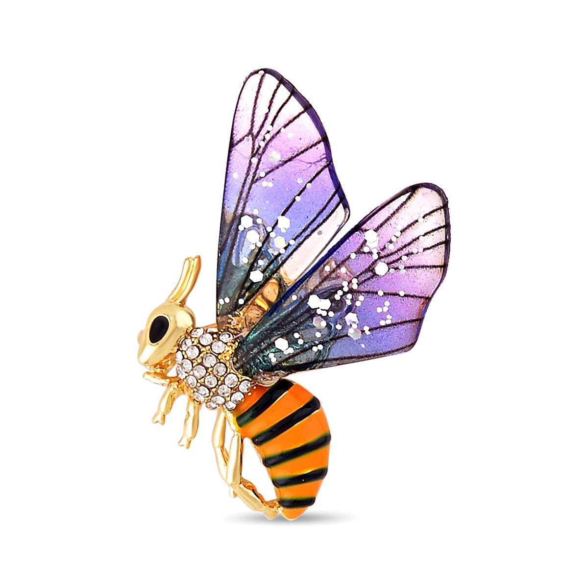 White Austrian Crystal Enamelled Honey Bee Brooch in Yellow Gold Tone 7362816 2