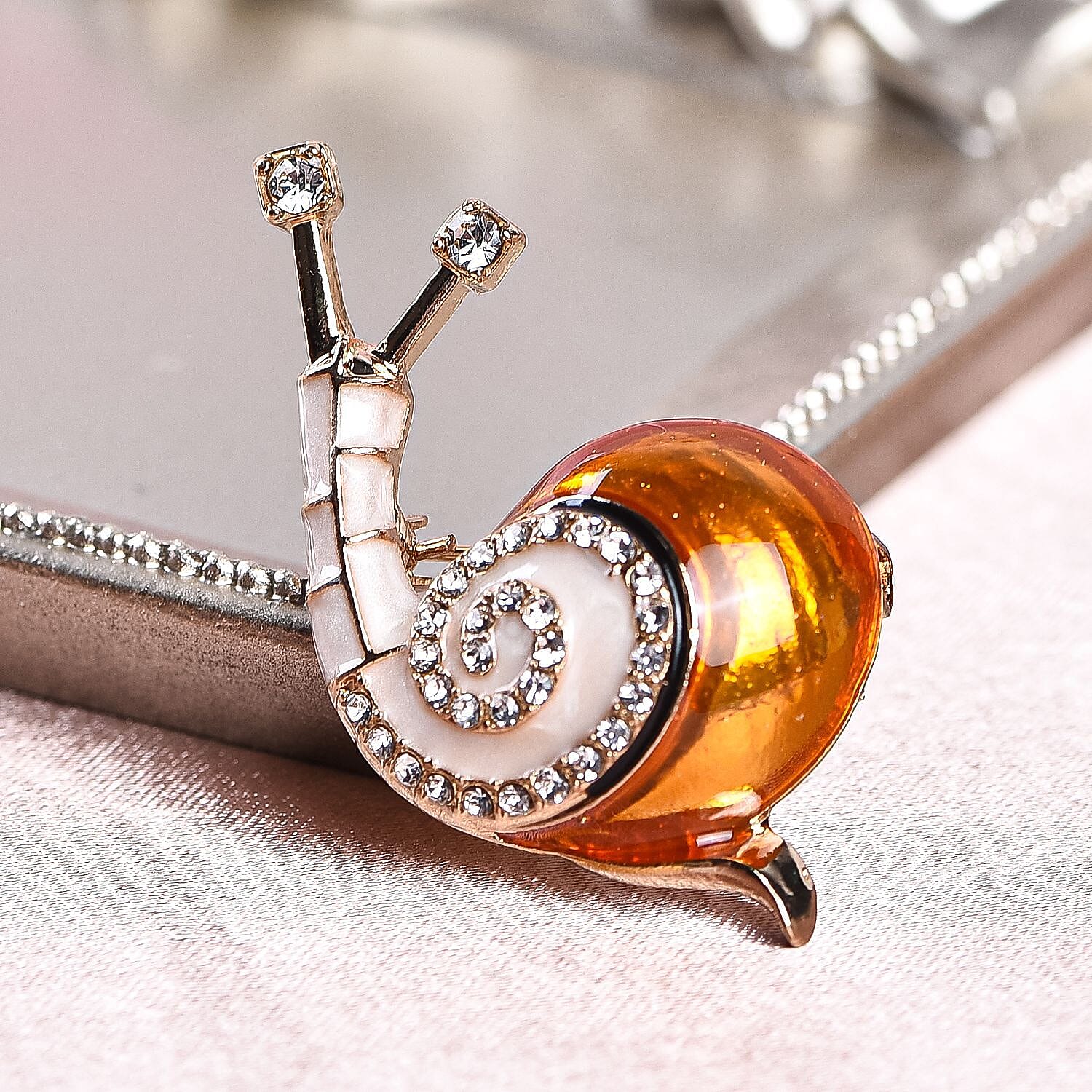 White Austrian Crystal Enamelled Snail Brooch in Gold Tone 3595127 2