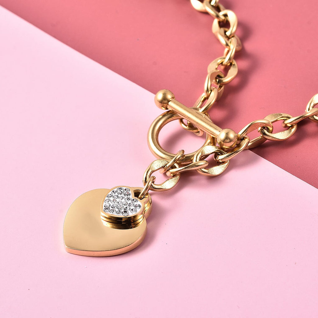 White Austrian Crystal Heart Charm Stainless Steel Necklace (Size 18.5 with T-Bar Lock) in Yellow Gold Tone