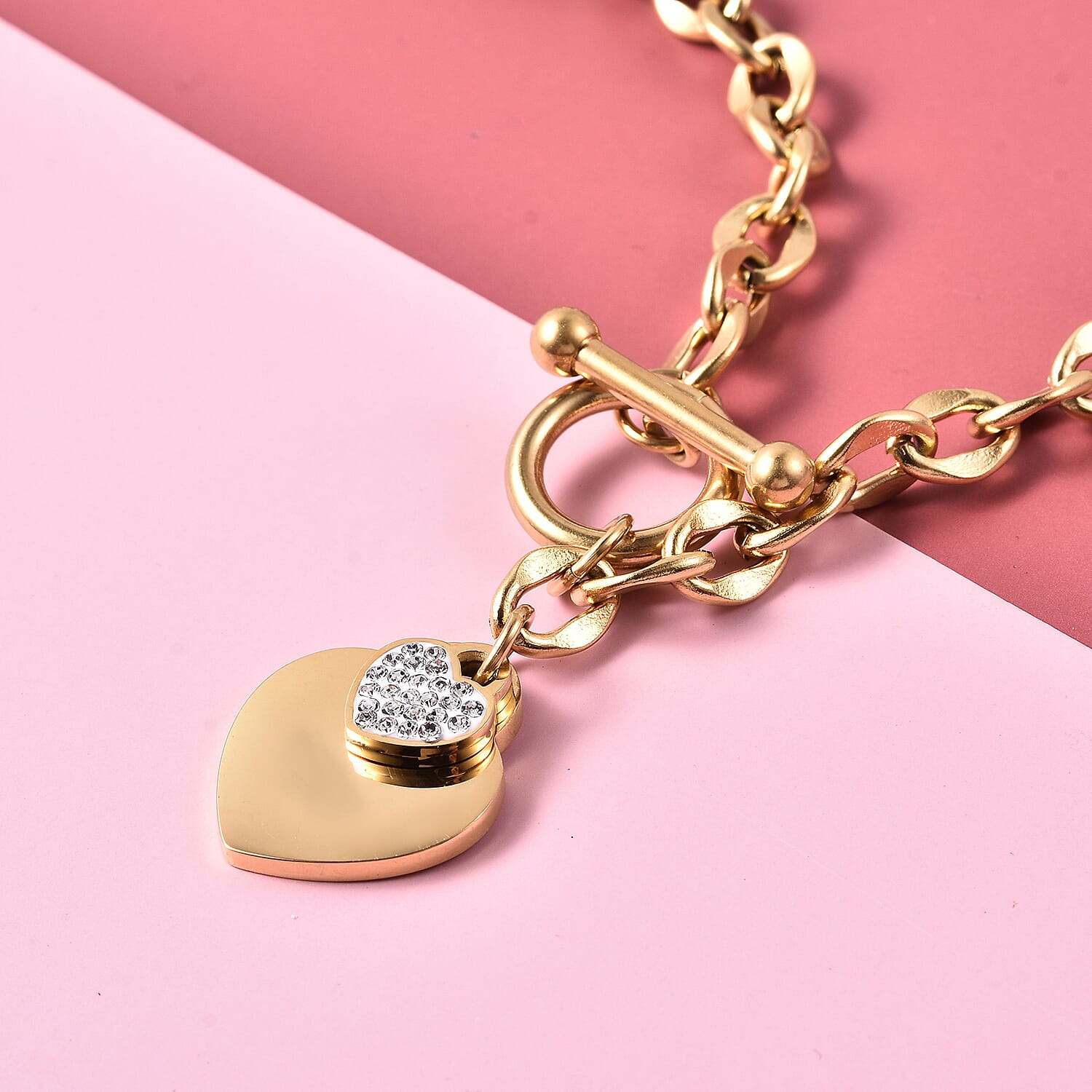 White Austrian Crystal Heart Charm Necklace in Yellow Gold-tone size 18.5 inches V32516693 2