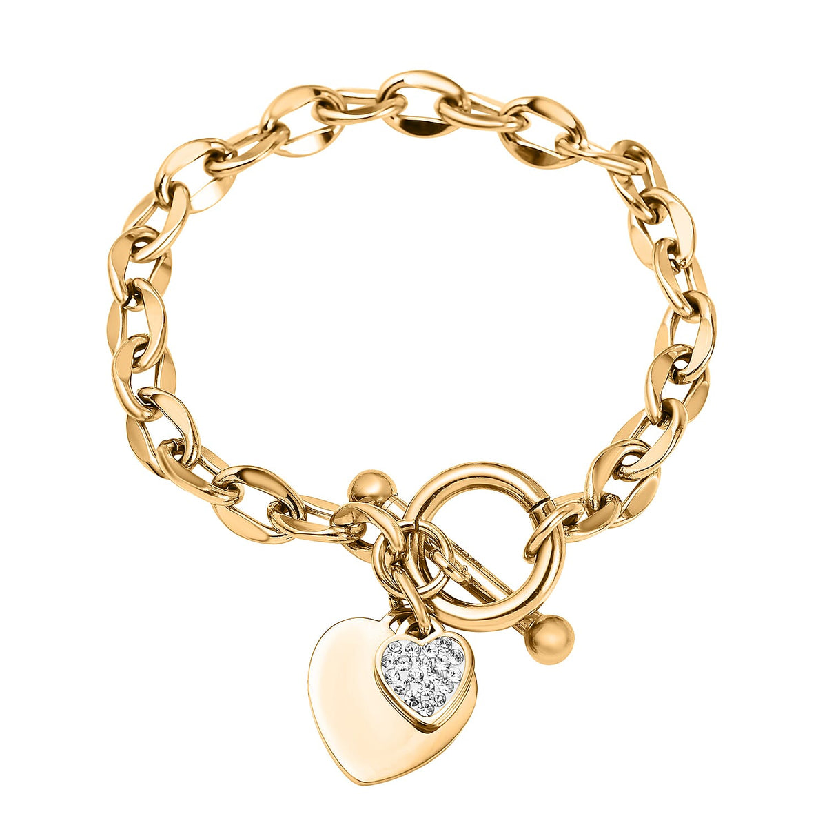White Austrian Crystal Heart Charm Stainless Steel Curb Bracelet (Size - 7) With T-Bar Clasp 7176528 0